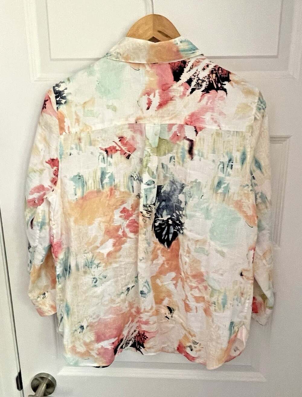 Chicos 1 Womens 8/M Linen Watercolor Art Button Shirt 3/4 Sleeve Resort Coastal - Picture 4 of 16